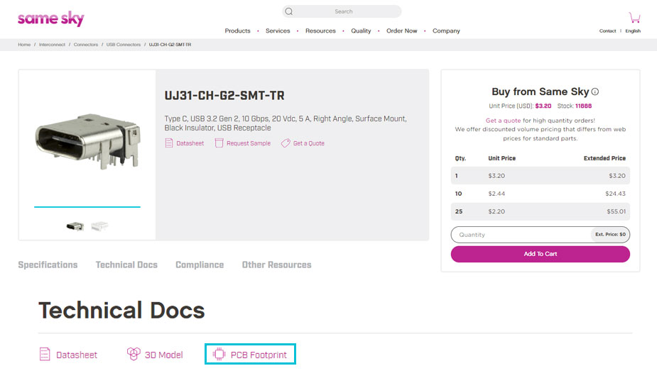 Screenshot of Same Sky product page showing PCB footprint link