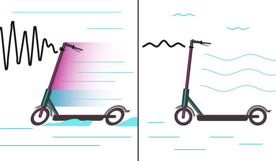 Side-by-side illustration of audio volume adapting to scooter at faster and slower speeds