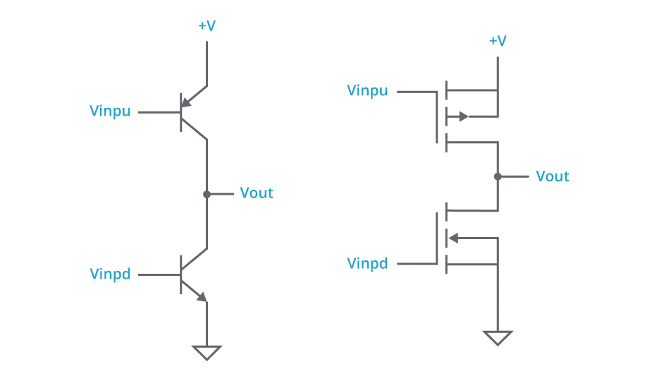 One diagram showing the position of BJT buffers reversed and the other diagram utilizing FETs as buffers