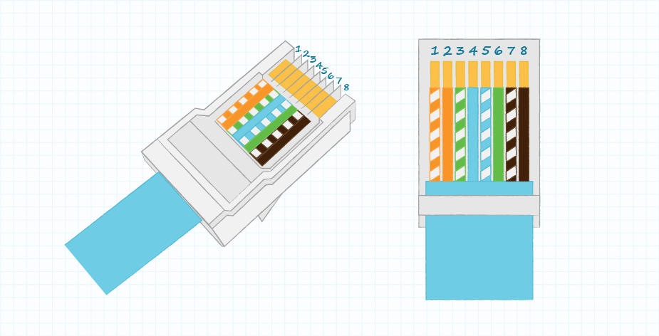 RJ45 T568B pin assignments shown in a connector