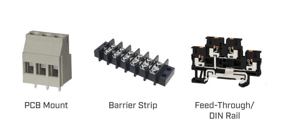 PCBマウント、バリアストリップ、DINレールのターミナルブロックのイメージ例