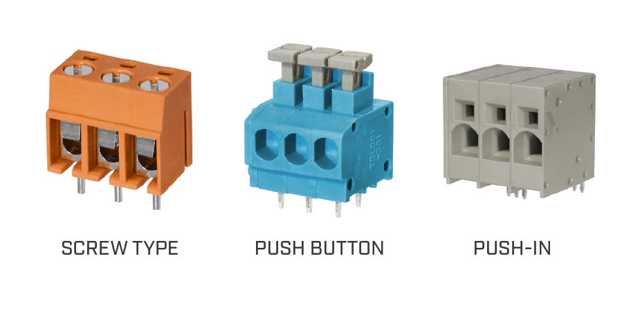 ネジ端子、プッシュボタン、プッシュインの各ターミナルブロックスタイルの比較