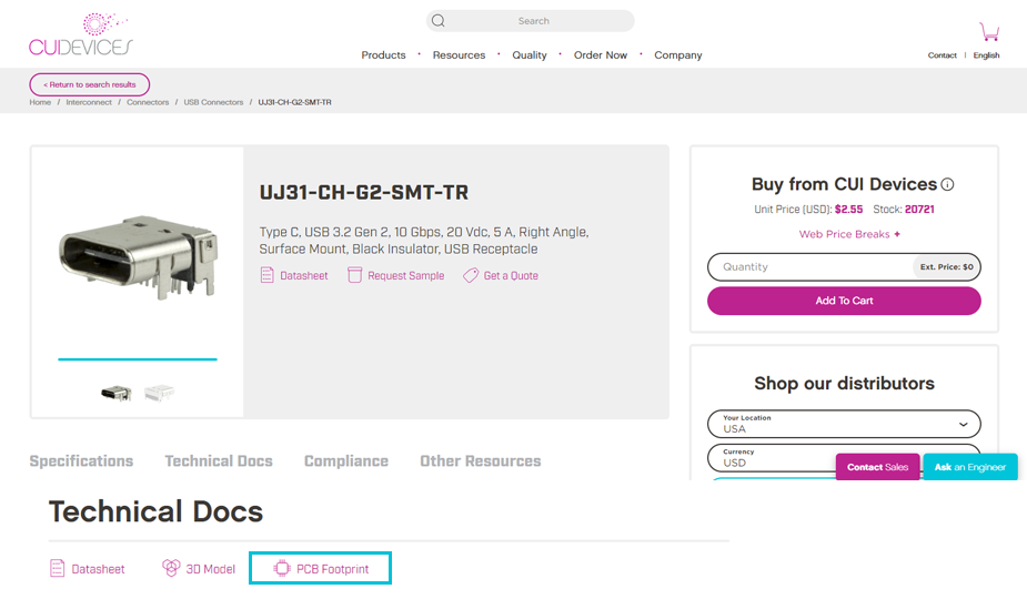 Screenshot of Same Sky product page showing PCB footprint link