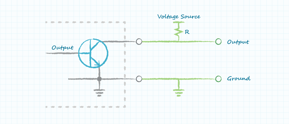 Drawing of a pull-up resistor added externally to an open-collector encoder